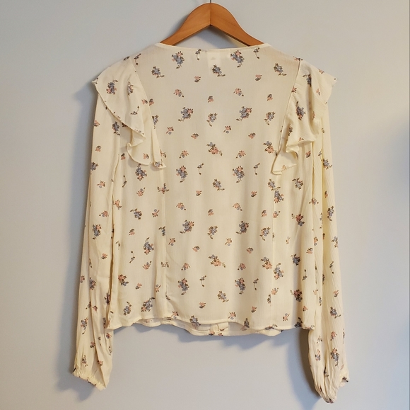 Planet Gold Shirt Women's Medium Ivory Chiffon Floral Long Sleeve Frill Shoulder - Picture 6 of 10